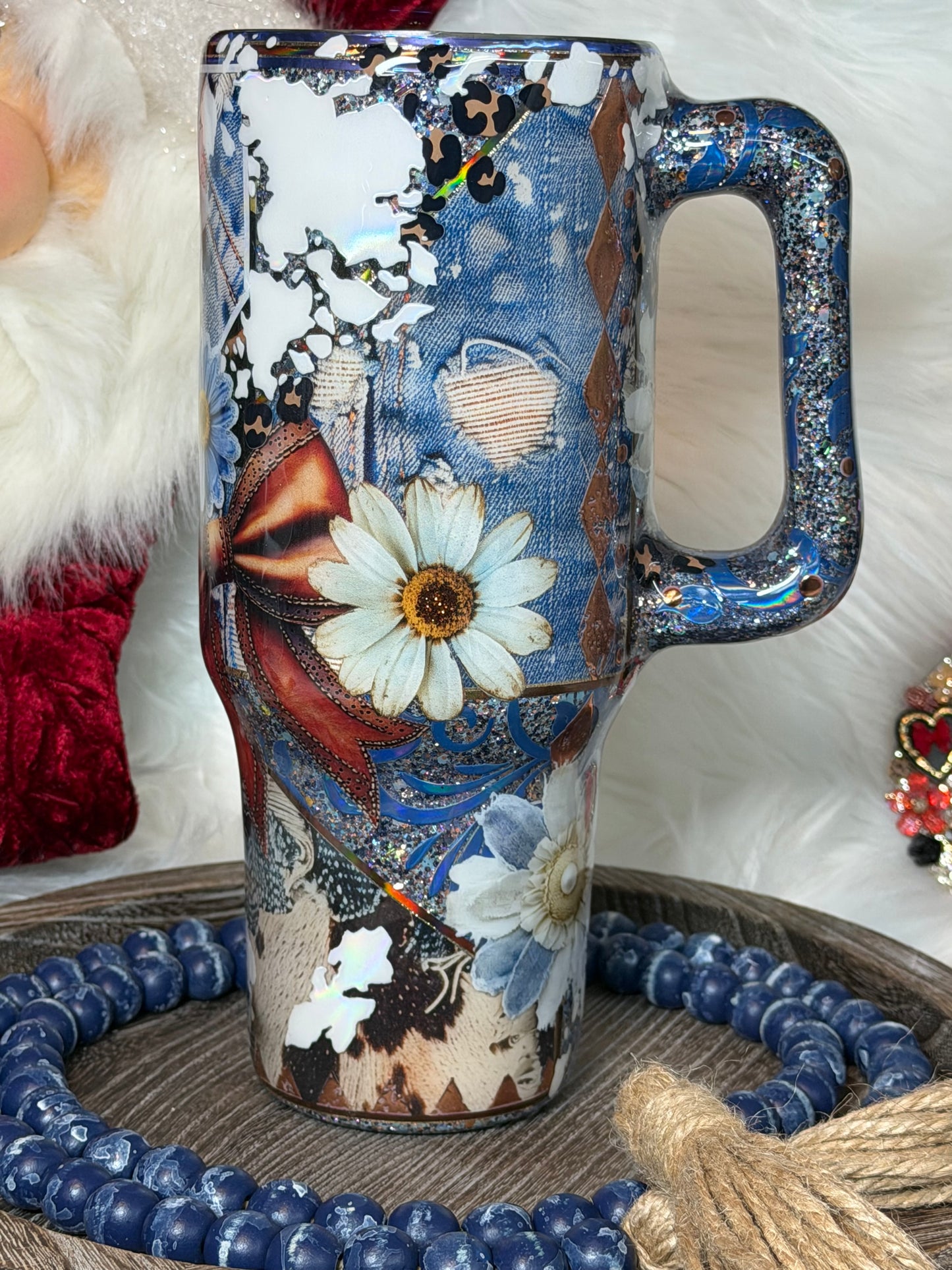 40 oz Blue Jean and cow Western- very heavy- coverup of an abandoned cup