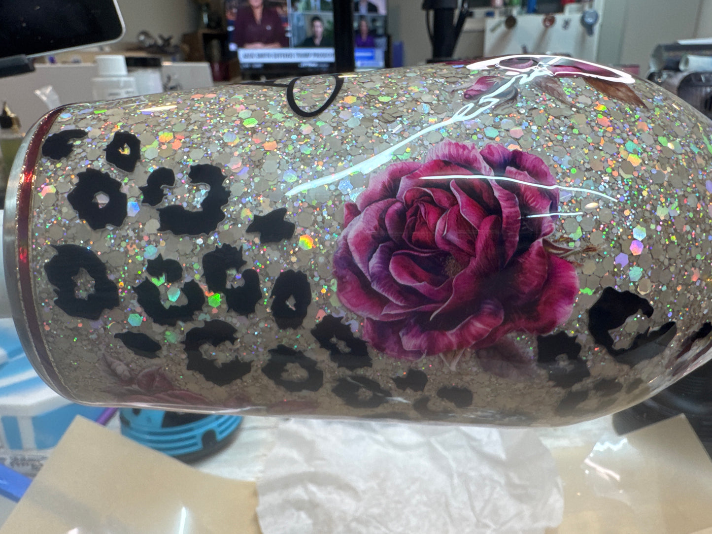17 oz wine Floral Bull skull on glitter with leopard spots **needs additional coats of epoxy before shipping