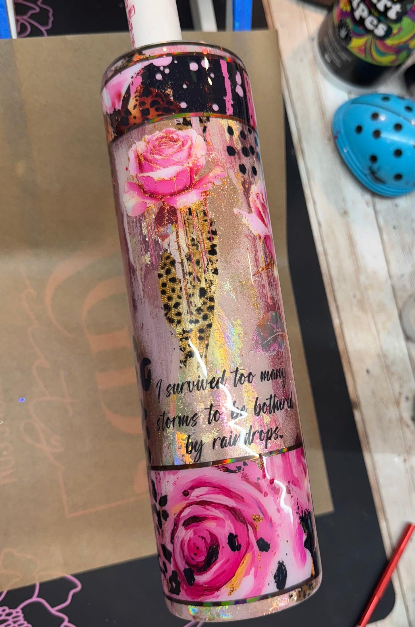 M 32 oz tipsy pink and gold roses