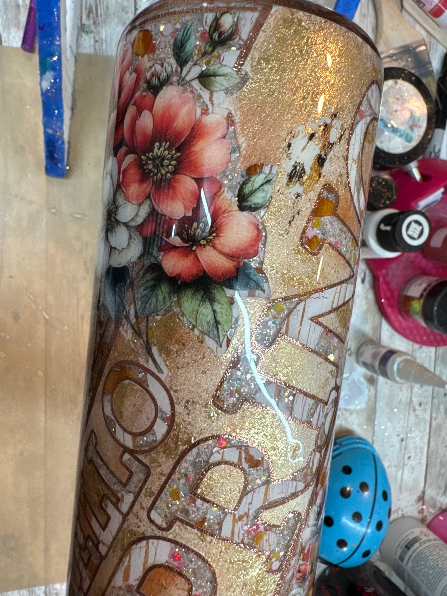 24 oz Tipsy with double peekaboo and decals on glitter