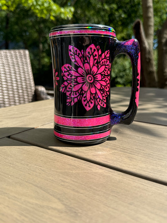 20 oz handled Mug, pink glitter mandala floral peekaboo