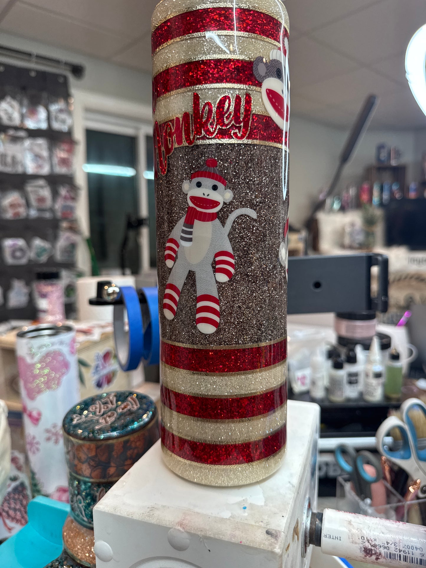 32 oz tipsy Sock Monkey UVDTFs and glitter