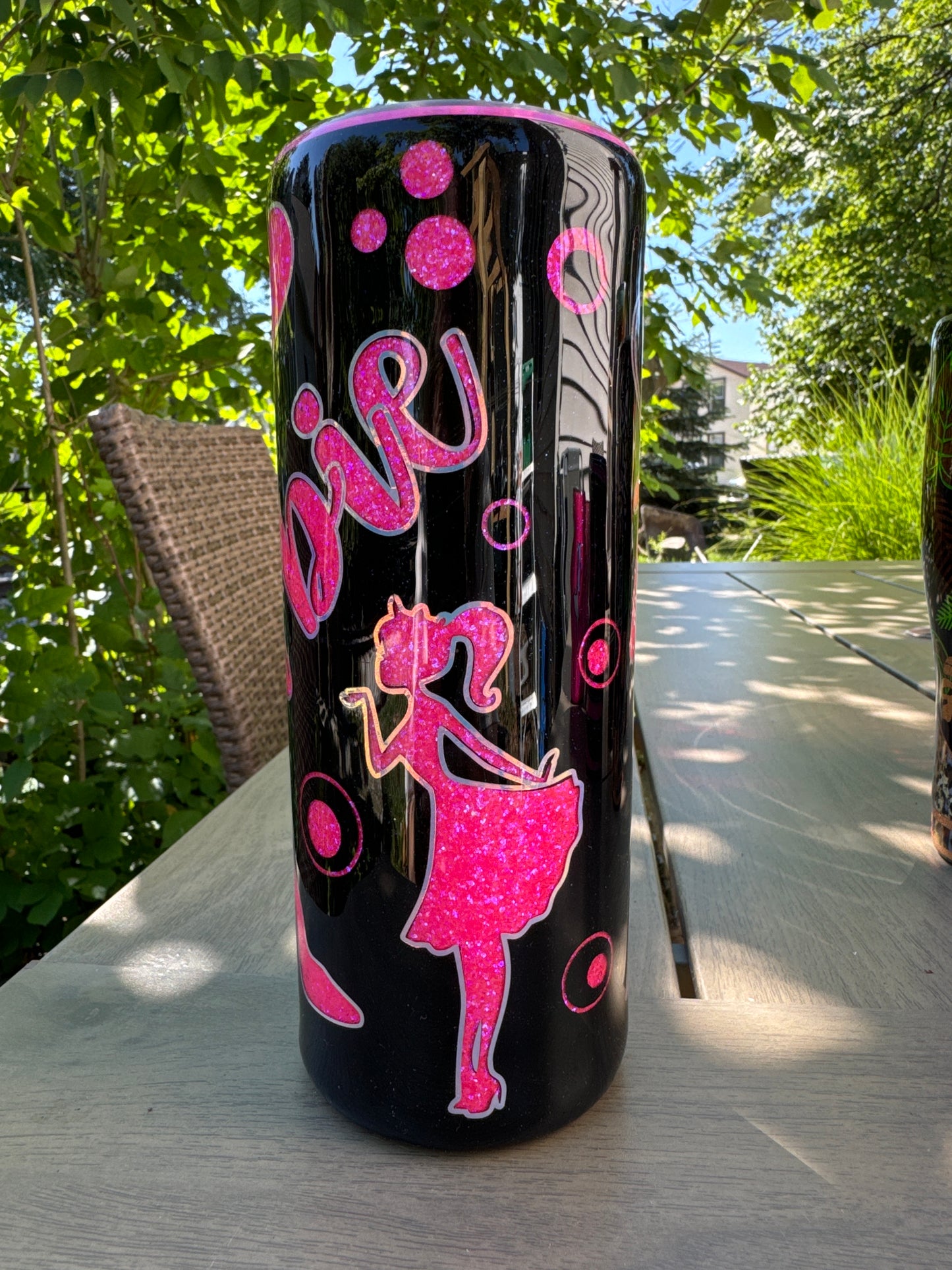 24oz  Tipsy, screw top Hot pink and black Barbie peekaboo w/ glow vinyl offsets