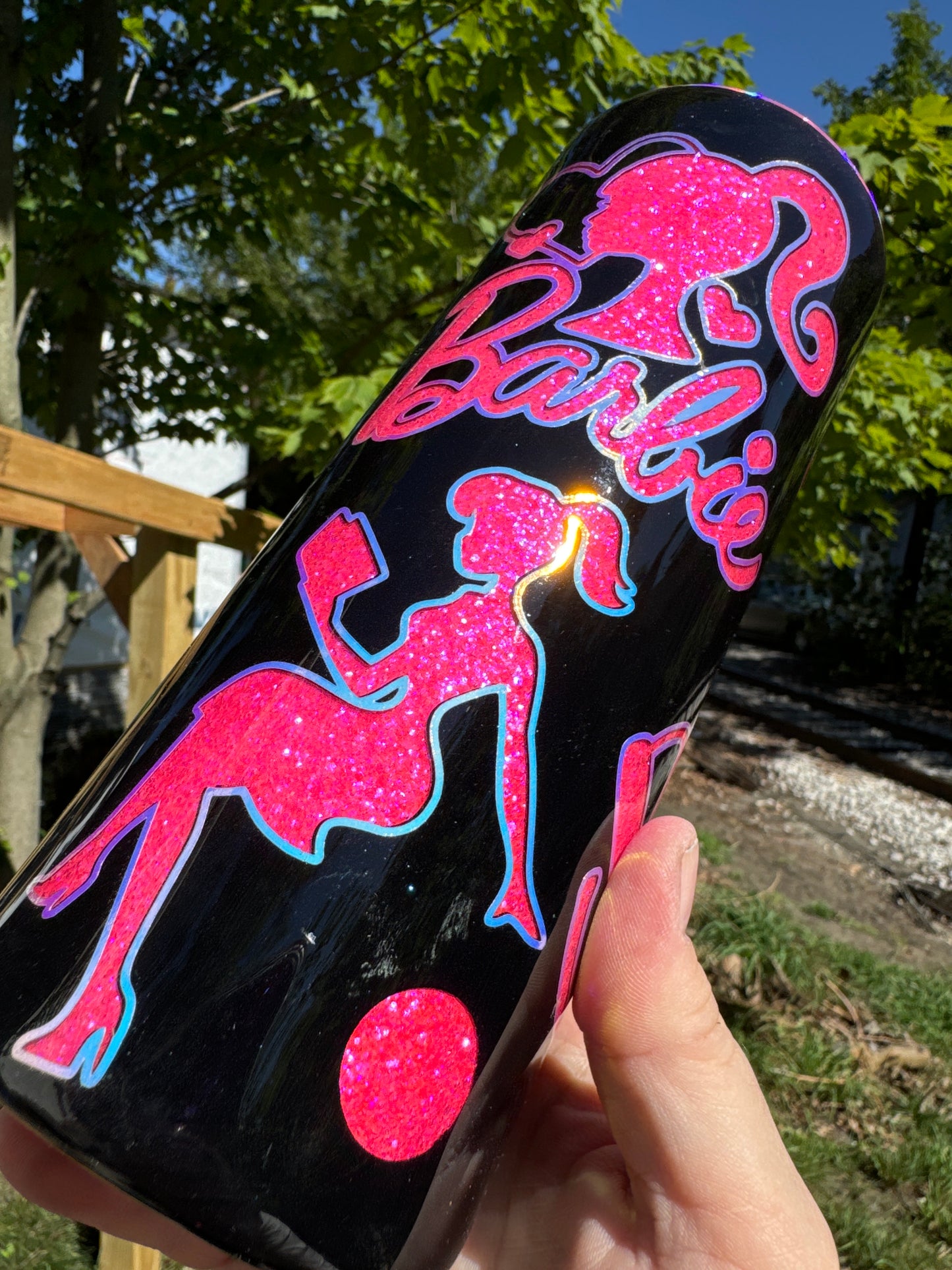 24oz  Tipsy, screw top Hot pink and black Barbie peekaboo w/ glow vinyl offsets