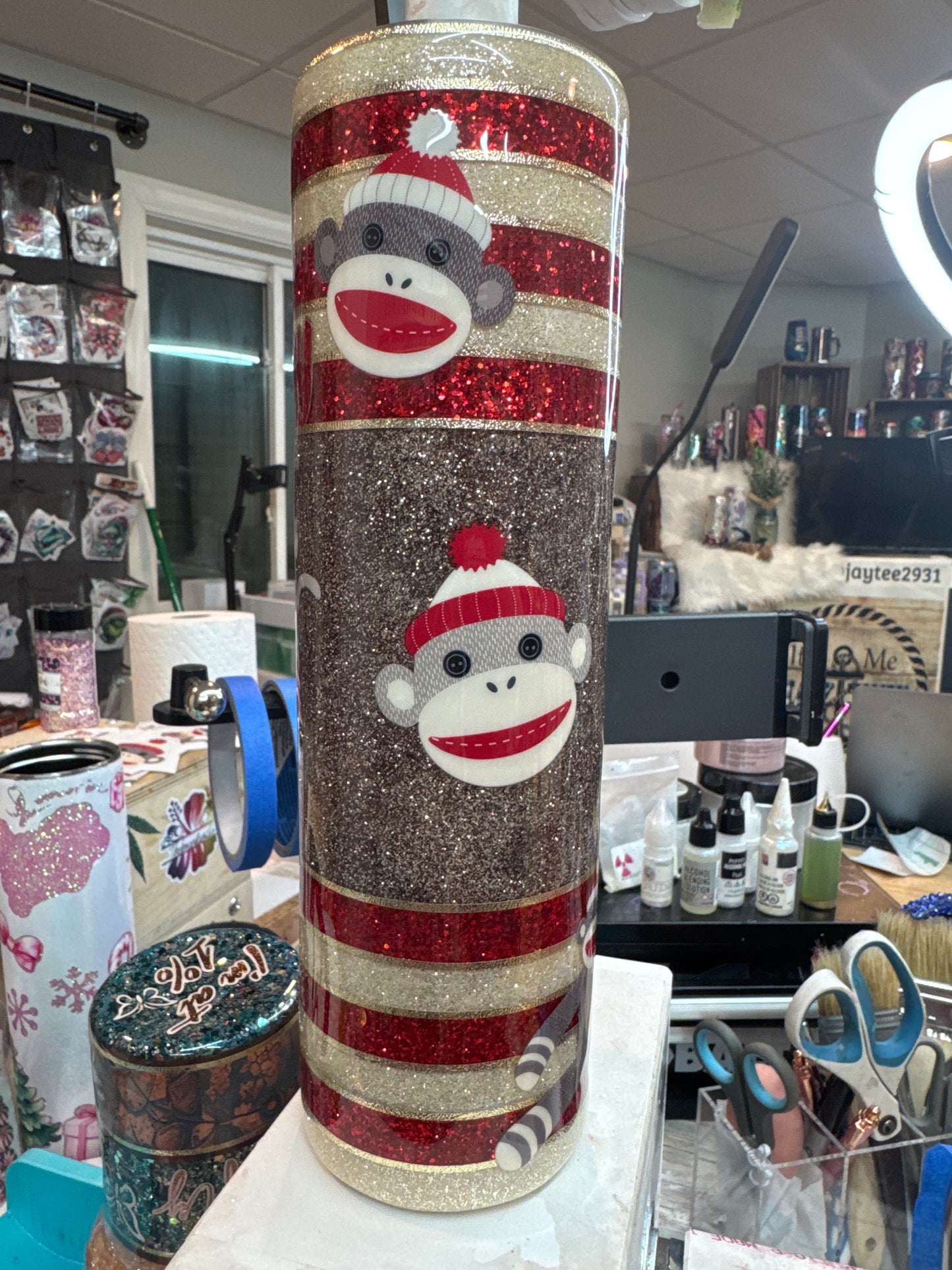 32 oz tipsy Sock Monkey UVDTFs and glitter