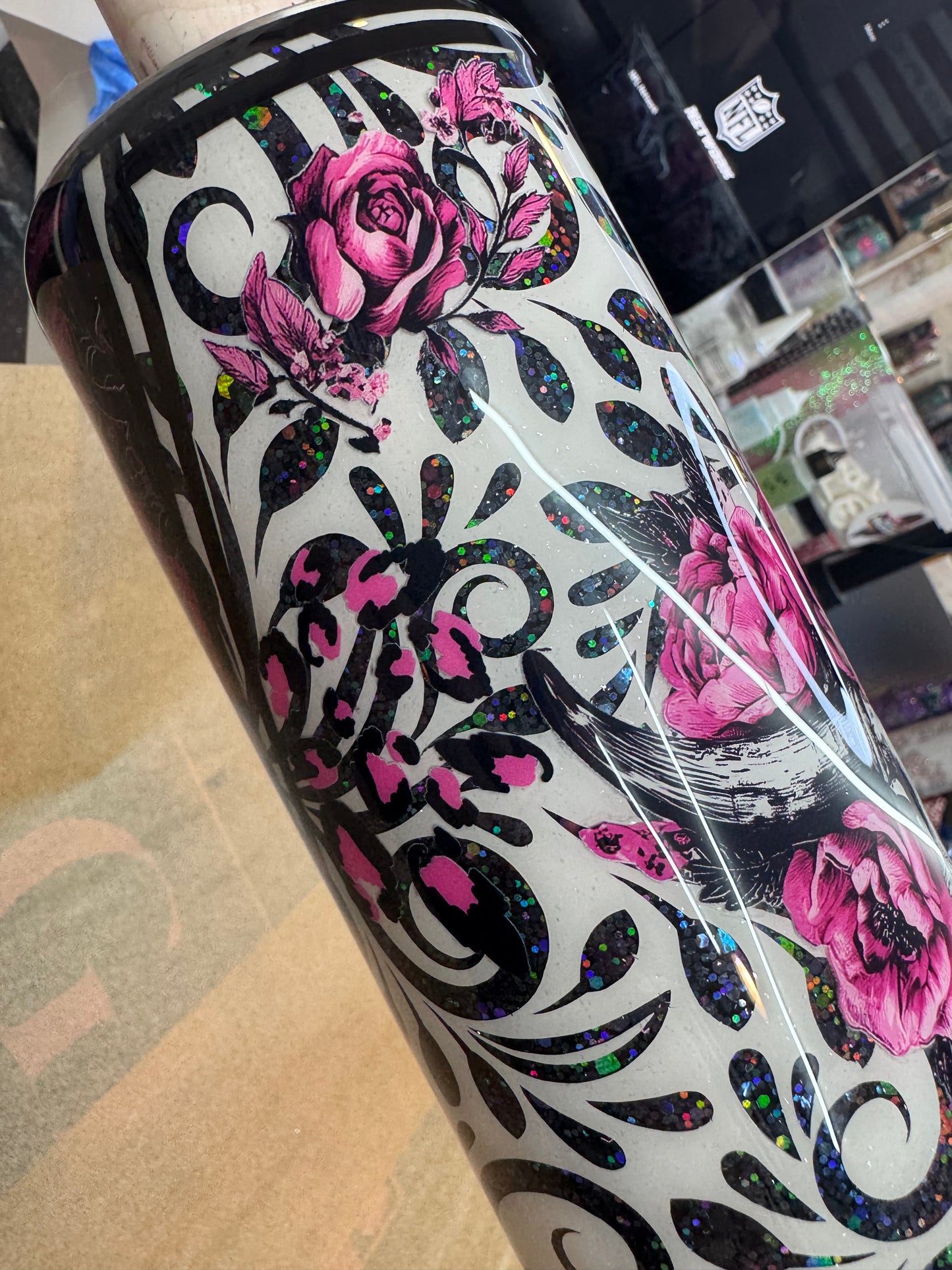 32 oz tipsy tooled leather peekaboo with UVDTFs and grunge