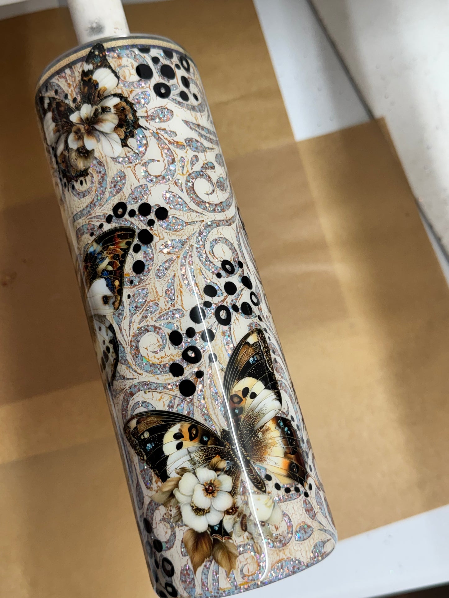 30 oz  Duo tooled leather peek with butterflies **Katie ONLY**