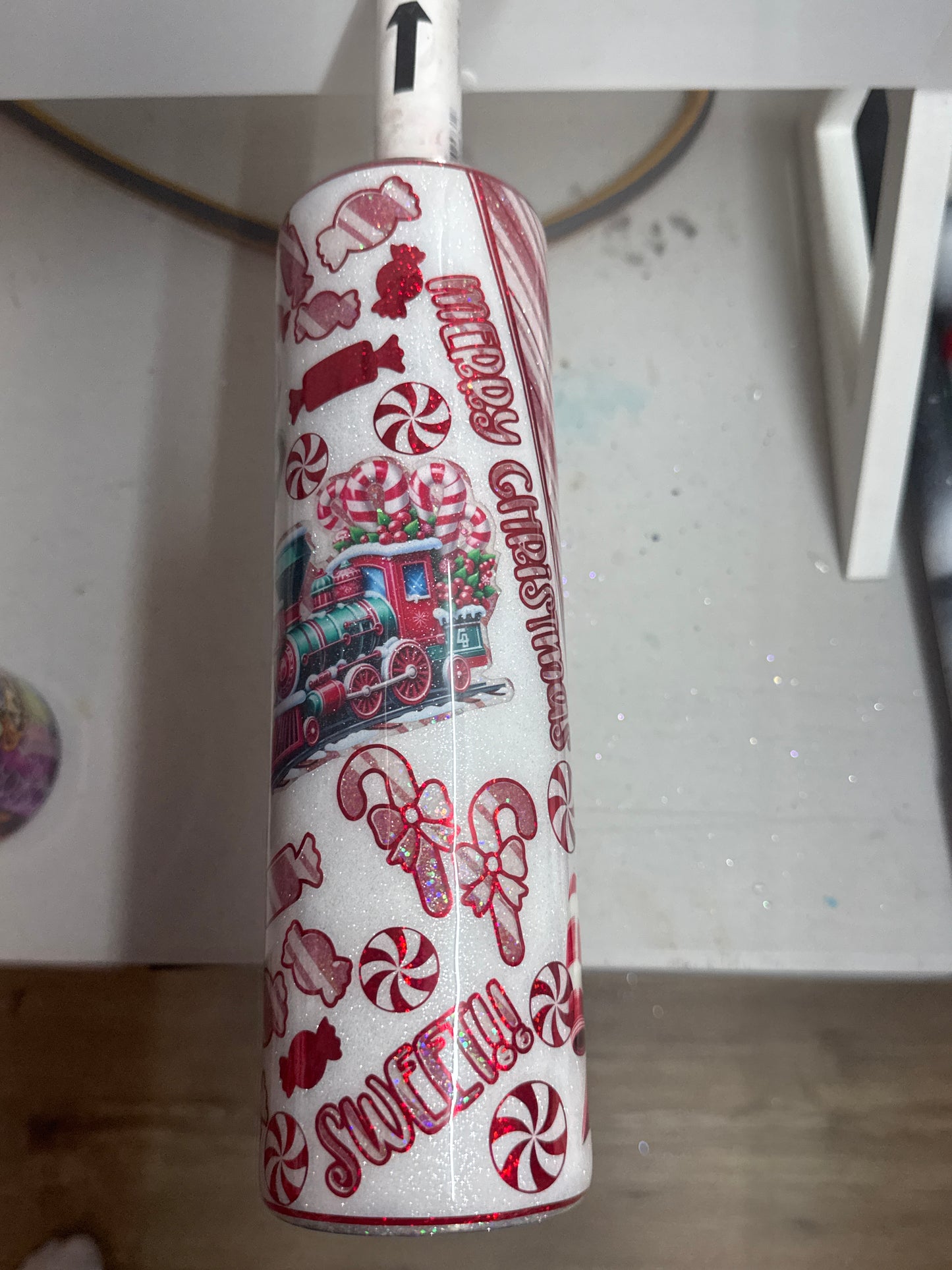 32 oz tipsy candy cane peekaboo with UVDTFs and decals