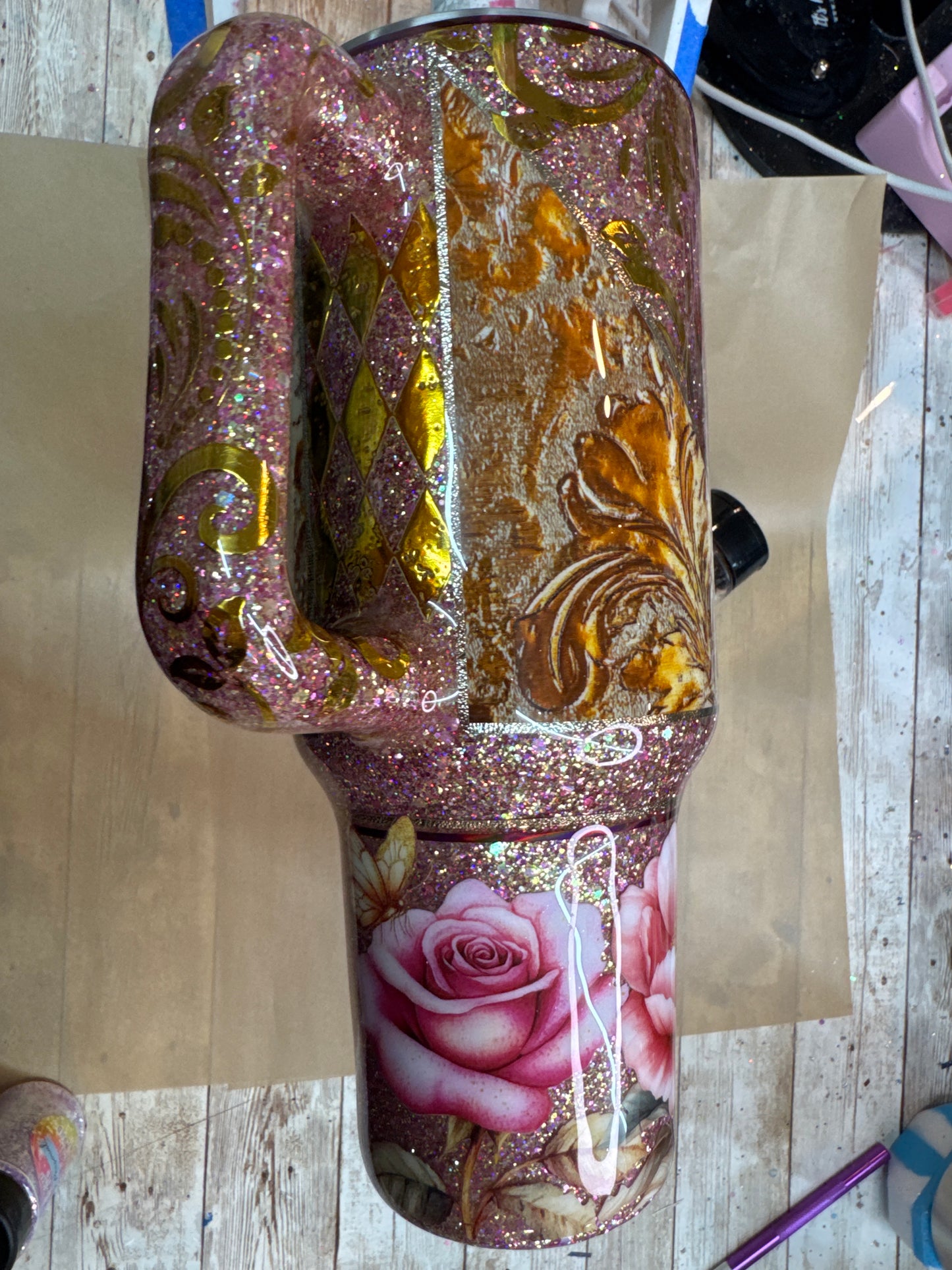 40 oz Pink and Gold Western- NOT done. Needs more decorating and several coats of epoxy