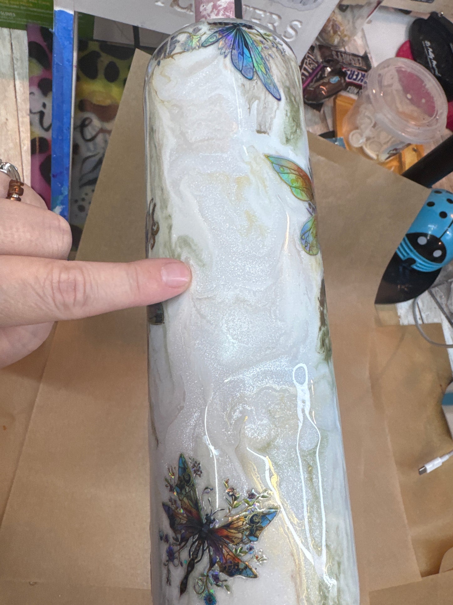 30 oz  Marble Ink and Holographic Dragonflies- ready to be personalized then final coated (photo I’m pointing in shows space for personalization)