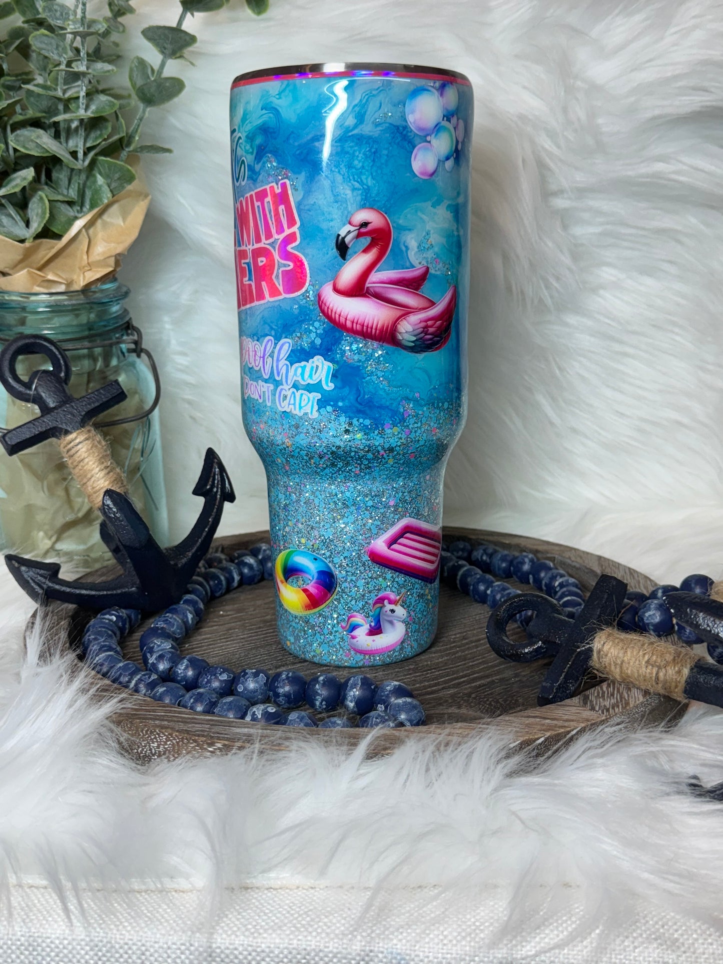 40 oz Pool Fun ink and glitter swirl