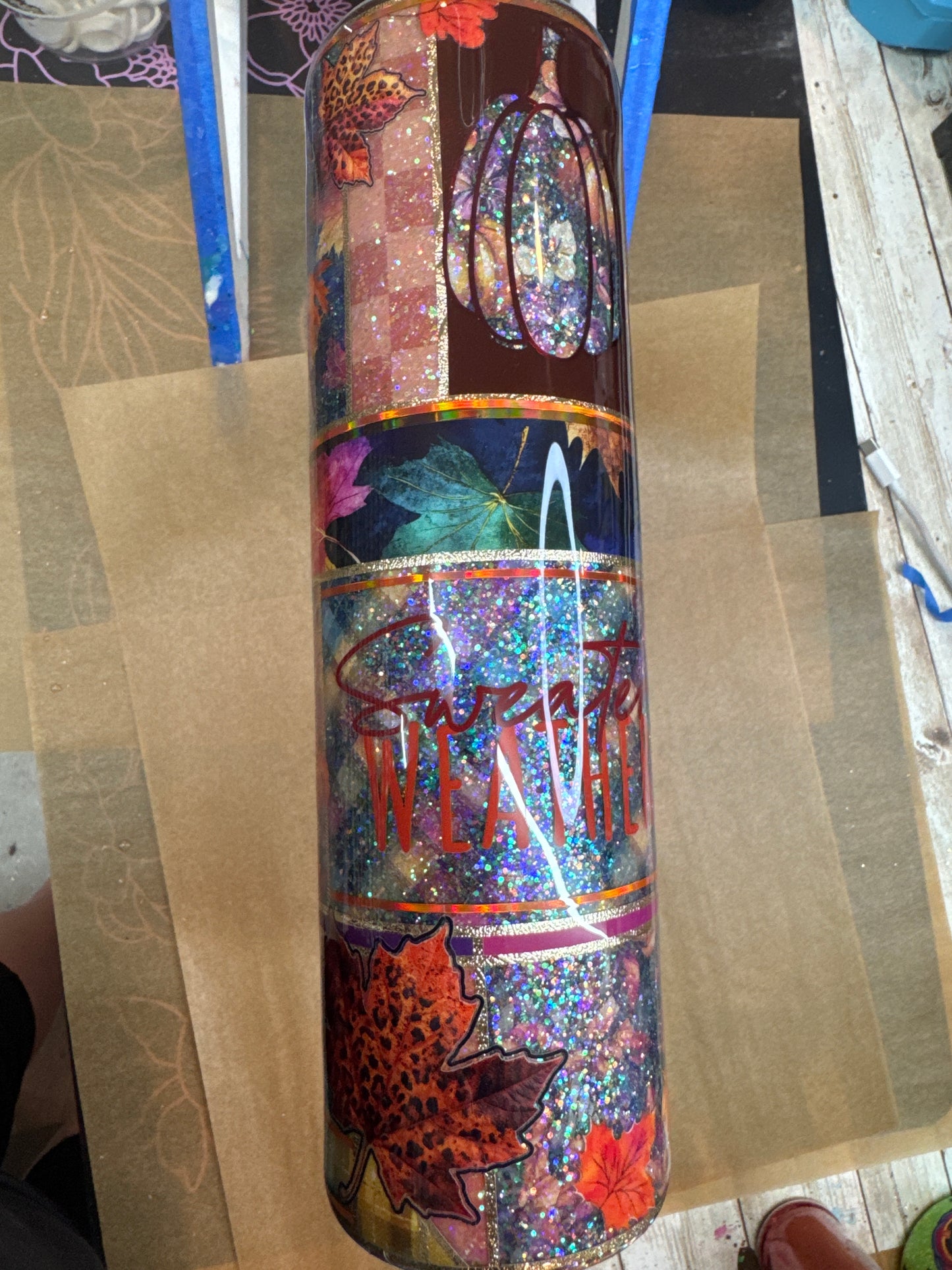 32 oz tipsy Fall peekaboo with UVDTFs and decals