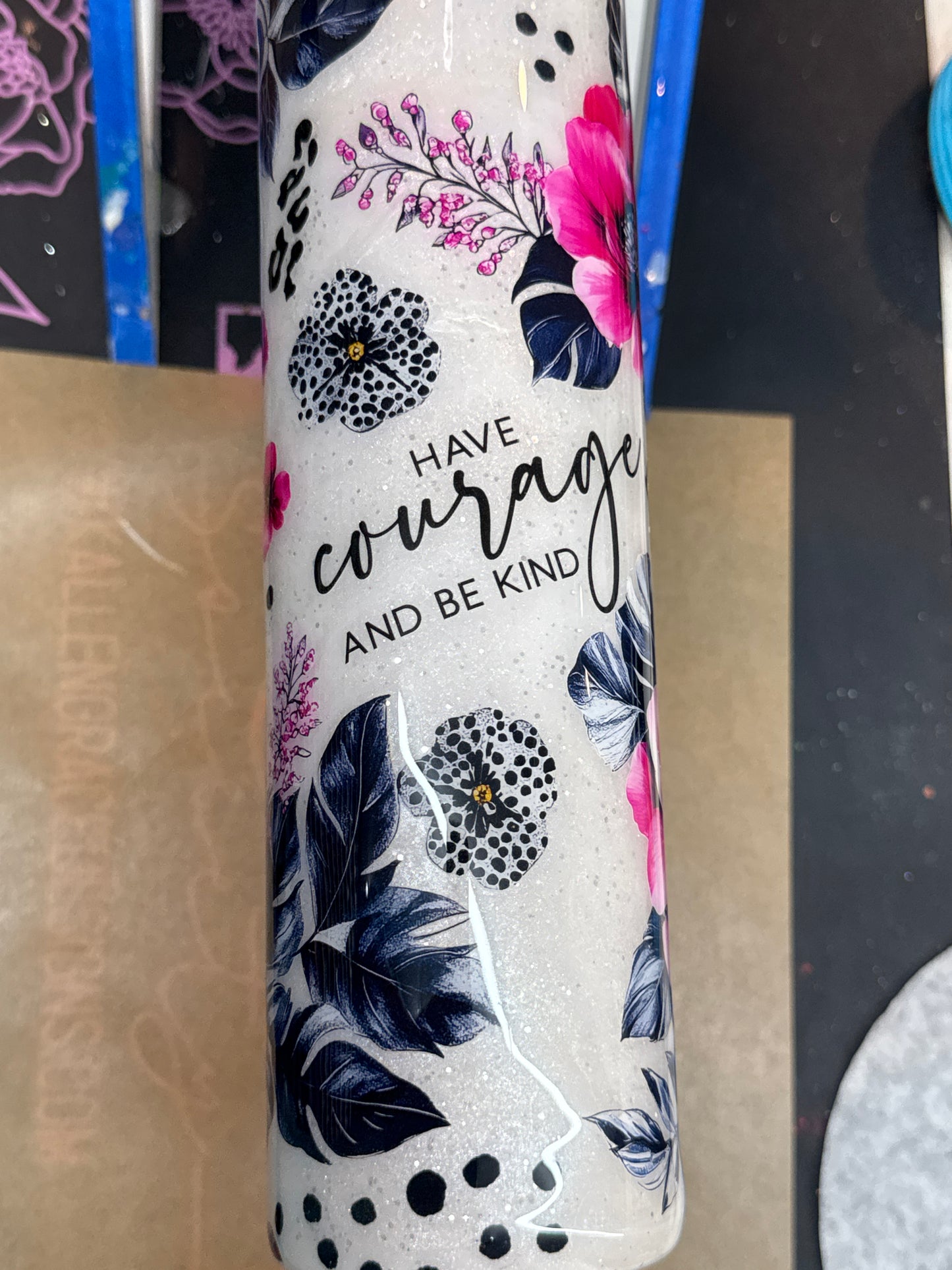 Michele’s 32 oz tipsy white marble with pink and black florals