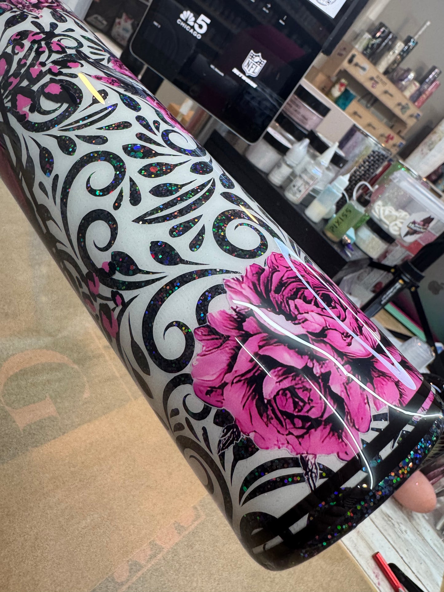 32 oz tipsy tooled leather peekaboo with UVDTFs and grunge