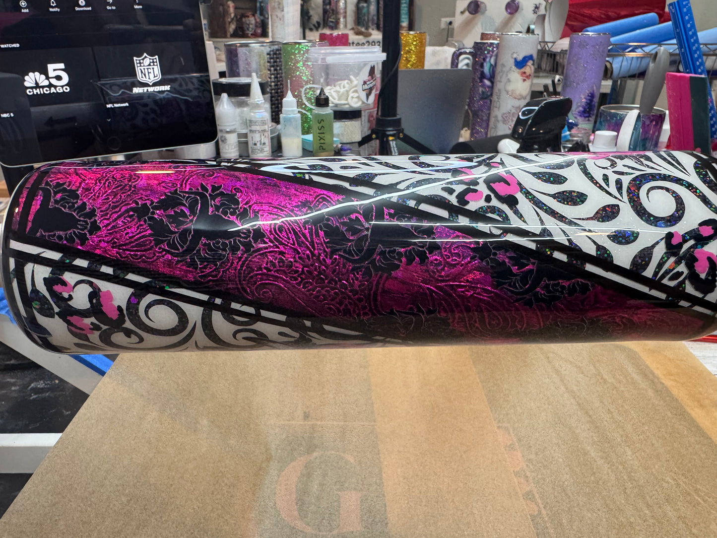 32 oz tipsy tooled leather peekaboo with UVDTFs and grunge