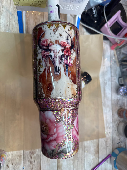 40 oz Pink and Gold Western- NOT done. Needs more decorating and several coats of epoxy