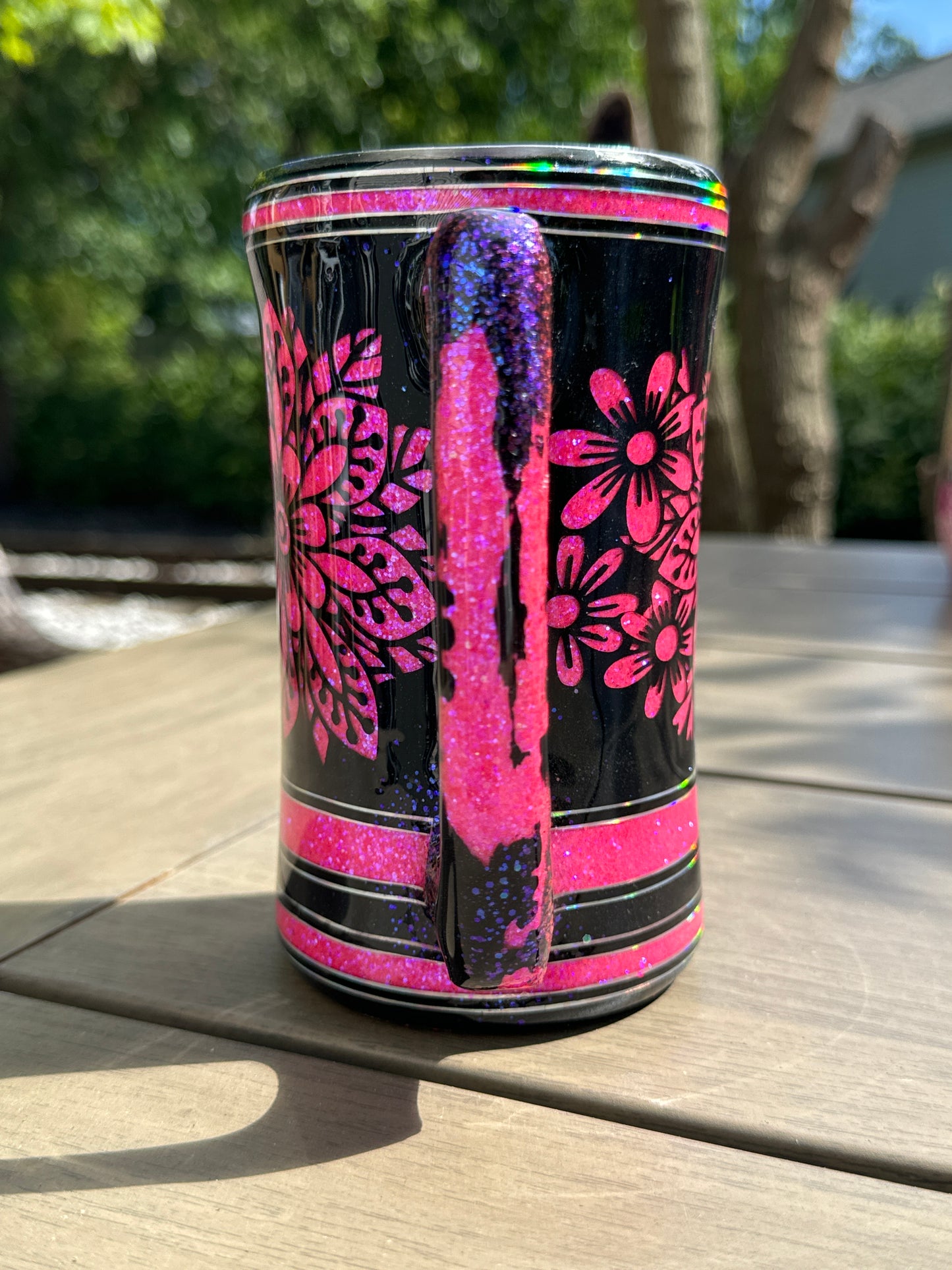 20 oz handled Mug, pink glitter mandala floral peekaboo