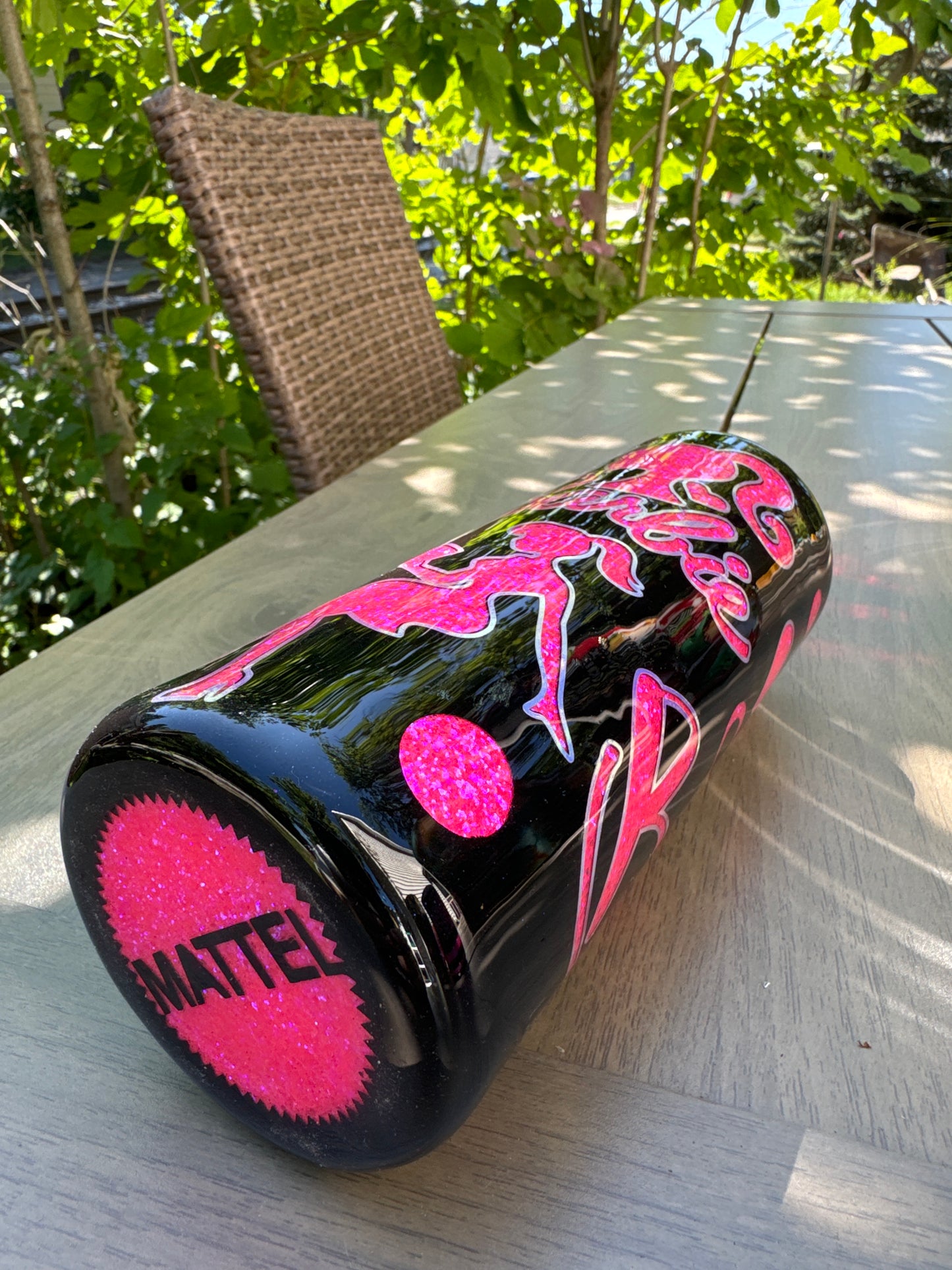 24oz  Tipsy, screw top Hot pink and black Barbie peekaboo w/ glow vinyl offsets