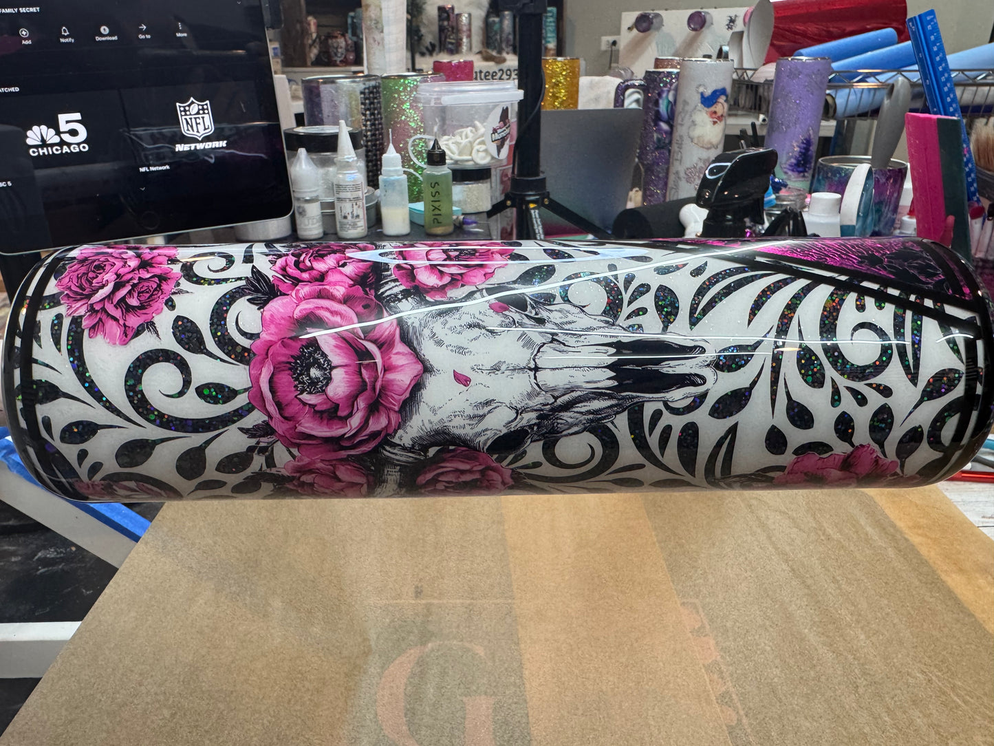 32 oz tipsy tooled leather peekaboo with UVDTFs and grunge