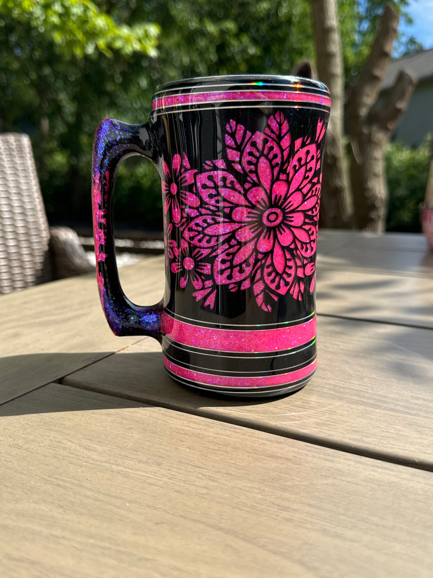 20 oz handled Mug, pink glitter mandala floral peekaboo