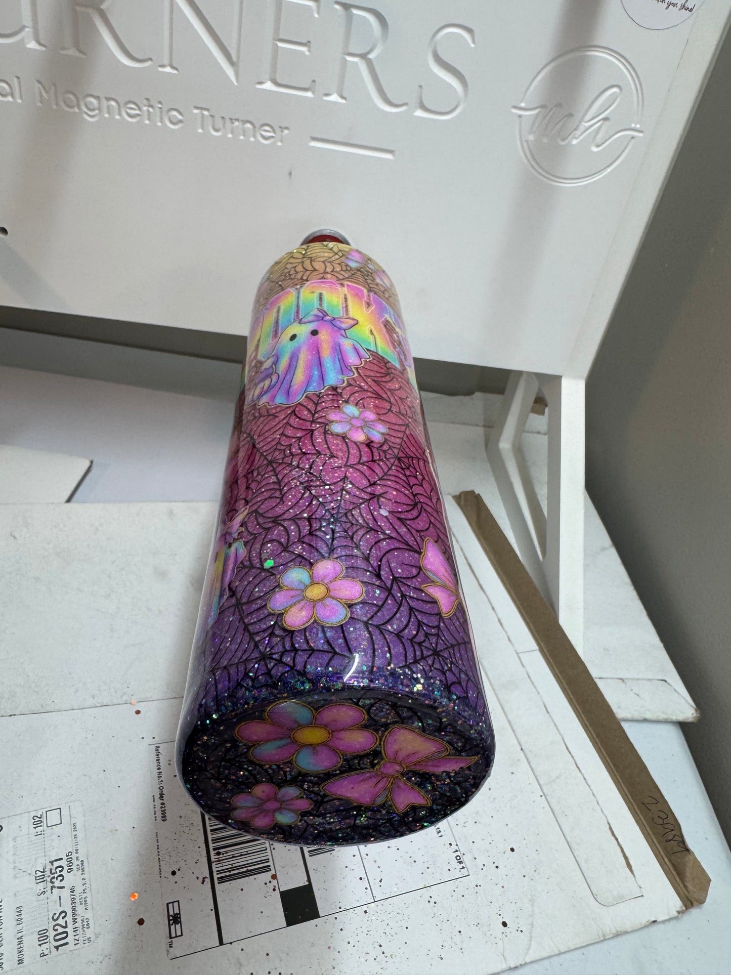 32 oz tipsy Halloween glitter, vinyl, and UVDTFS (may need one more coat of epoxy)