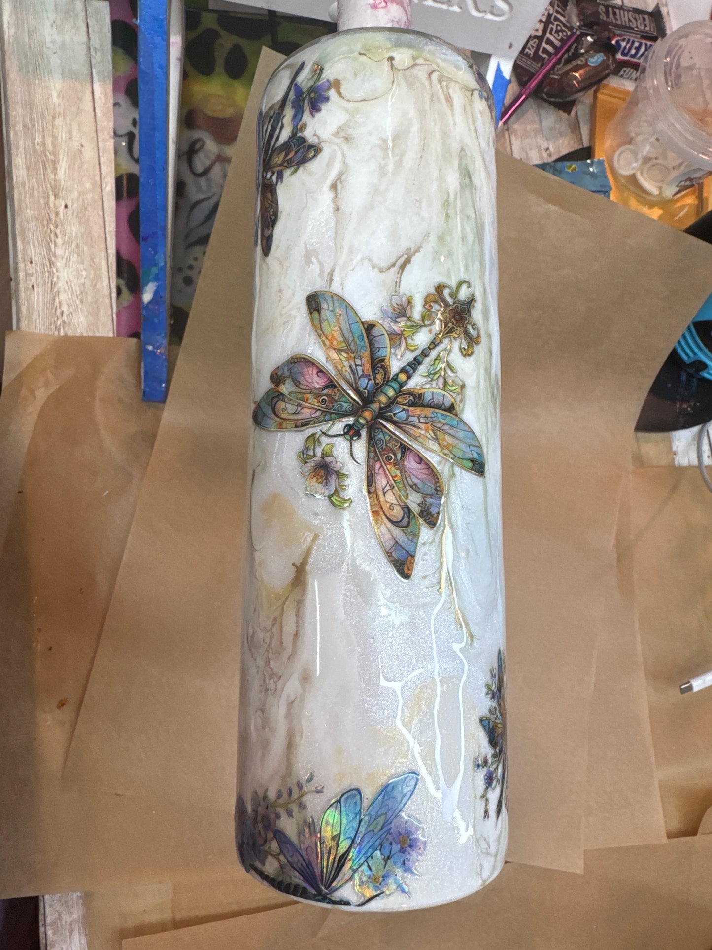 30 oz  Marble Ink and Holographic Dragonflies- ready to be personalized then final coated (photo I’m pointing in shows space for personalization)