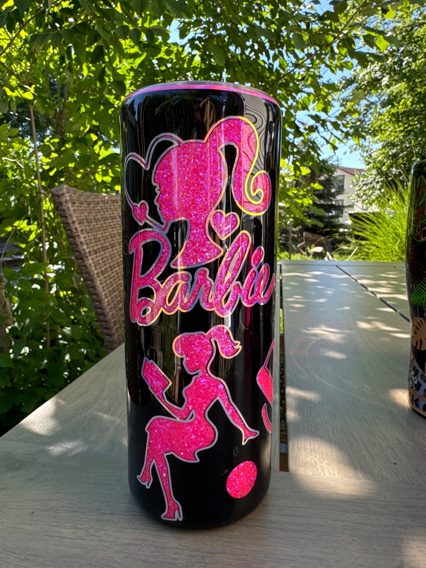 24oz  Tipsy, screw top Hot pink and black Barbie peekaboo w/ glow vinyl offsets