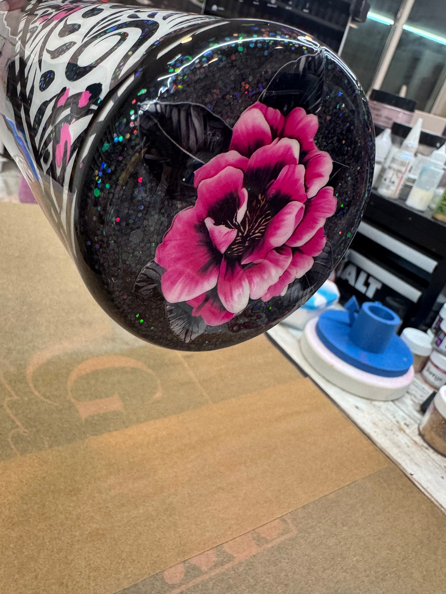 32 oz tipsy tooled leather peekaboo with UVDTFs and grunge