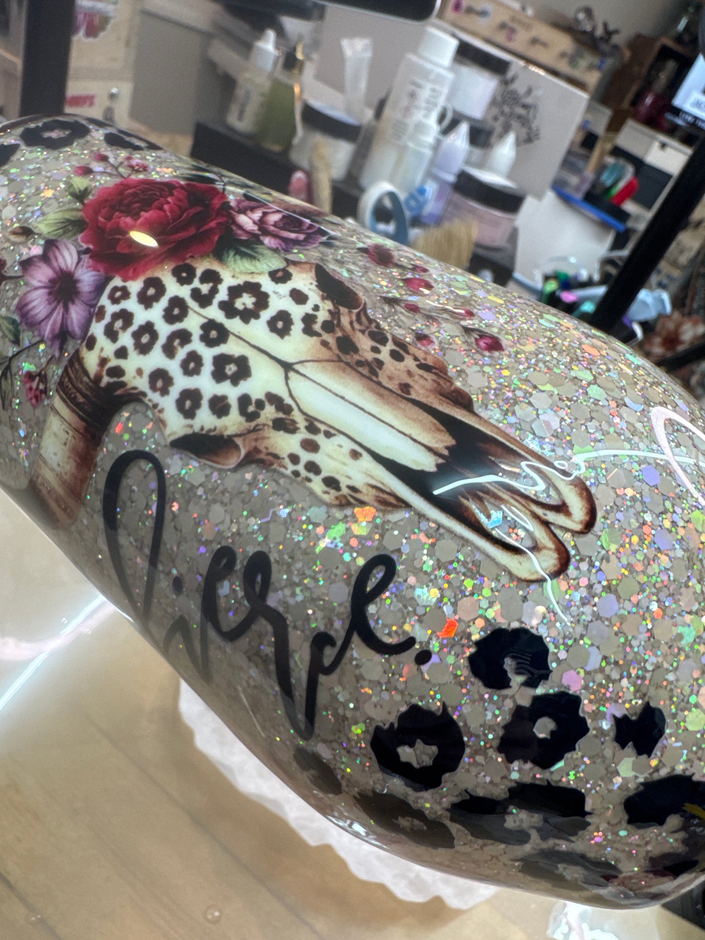 17 oz wine Floral Bull skull on glitter with leopard spots **needs additional coats of epoxy before shipping