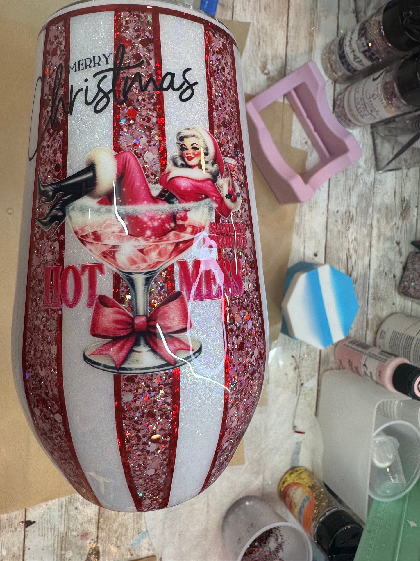 17 oz wine Mrs Claus in a Martini cup- needs a finish coat