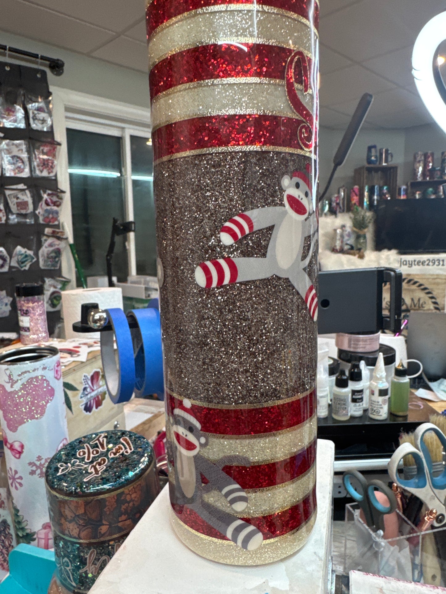 32 oz tipsy Sock Monkey UVDTFs and glitter
