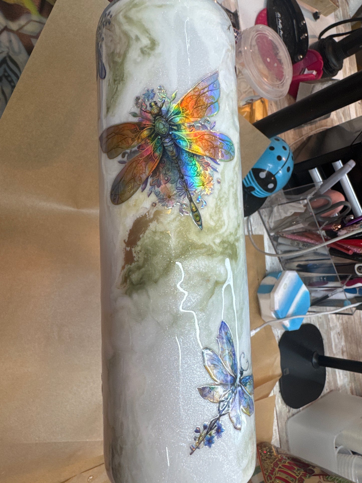 30 oz  Marble Ink and Holographic Dragonflies- ready to be personalized then final coated (photo I’m pointing in shows space for personalization)