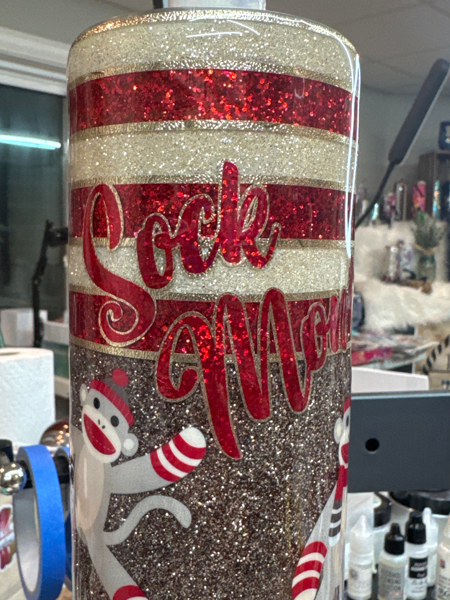 32 oz tipsy Sock Monkey UVDTFs and glitter
