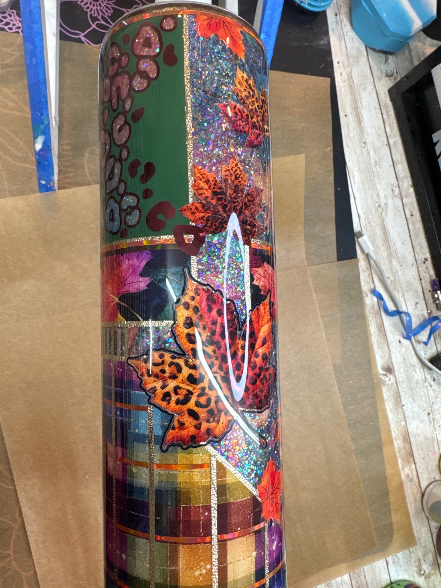 32 oz tipsy Fall peekaboo with UVDTFs and decals