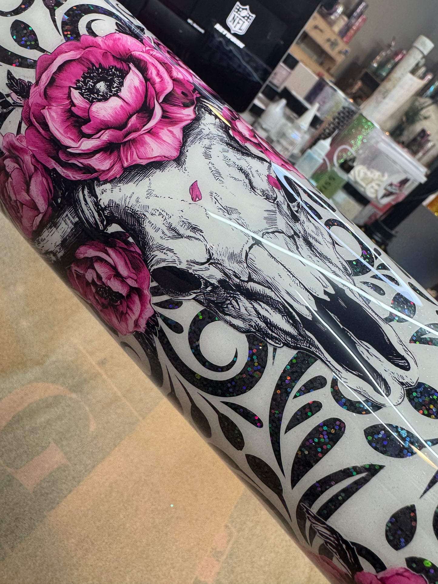 32 oz tipsy tooled leather peekaboo with UVDTFs and grunge