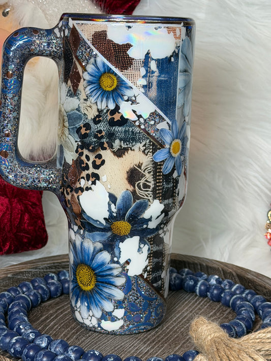 40 oz Blue Jean and cow Western- very heavy- coverup of an abandoned cup